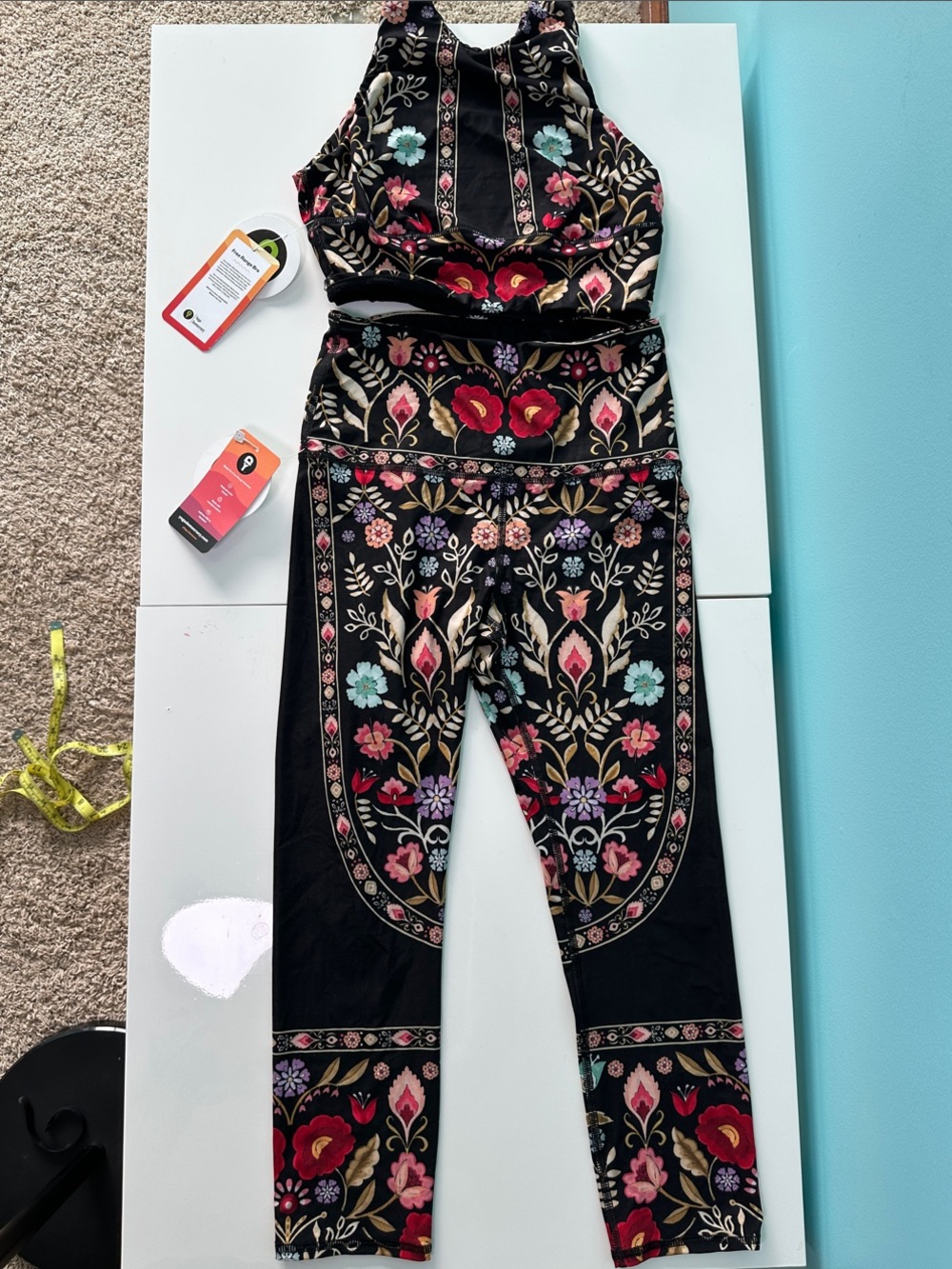 Floral Embroidered Black High-Waist Leggings - And Bra Top Activewear Set